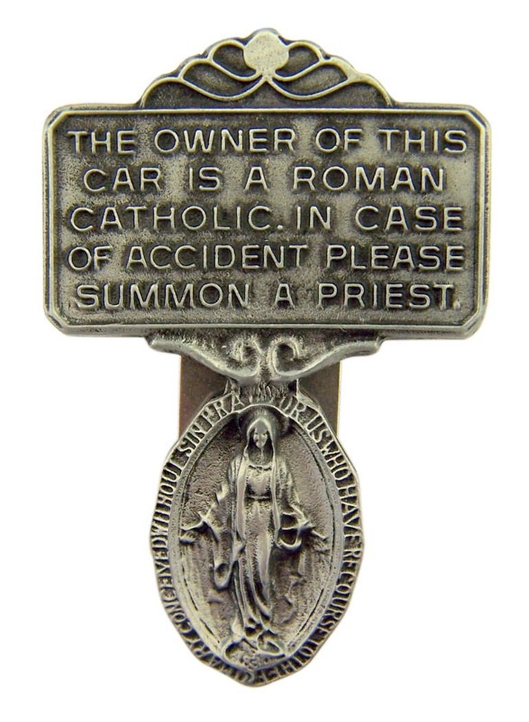 WJH Pewter Miraculous Medal I Am Roman Catholic Call A Priest Auto Visor Clip, 2 1/4 Inch