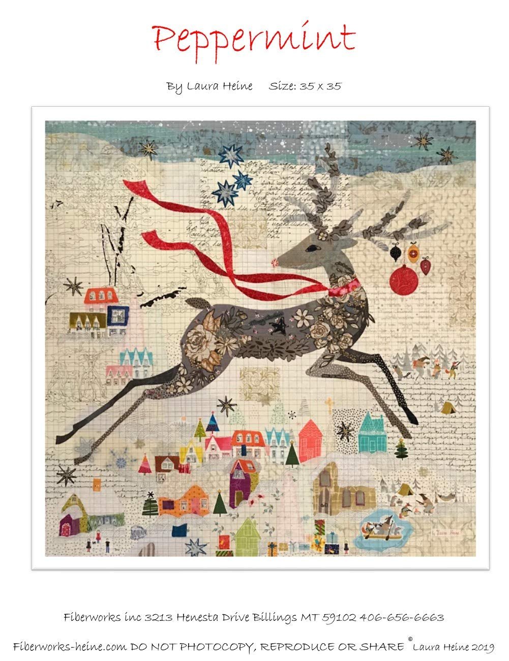 Peppermint Reindeer Christmas Collage Applique Quilt Pattern by Laura Heine from Fiberworks Inc. 35" x 35" LHFWPEPPMNT