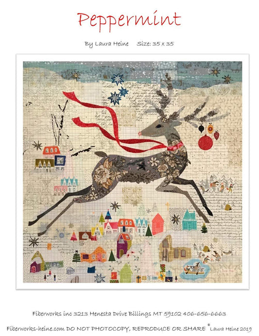 Peppermint Reindeer Christmas Collage Applique Quilt Pattern by Laura Heine from Fiberworks Inc. 35" x 35" LHFWPEPPMNT