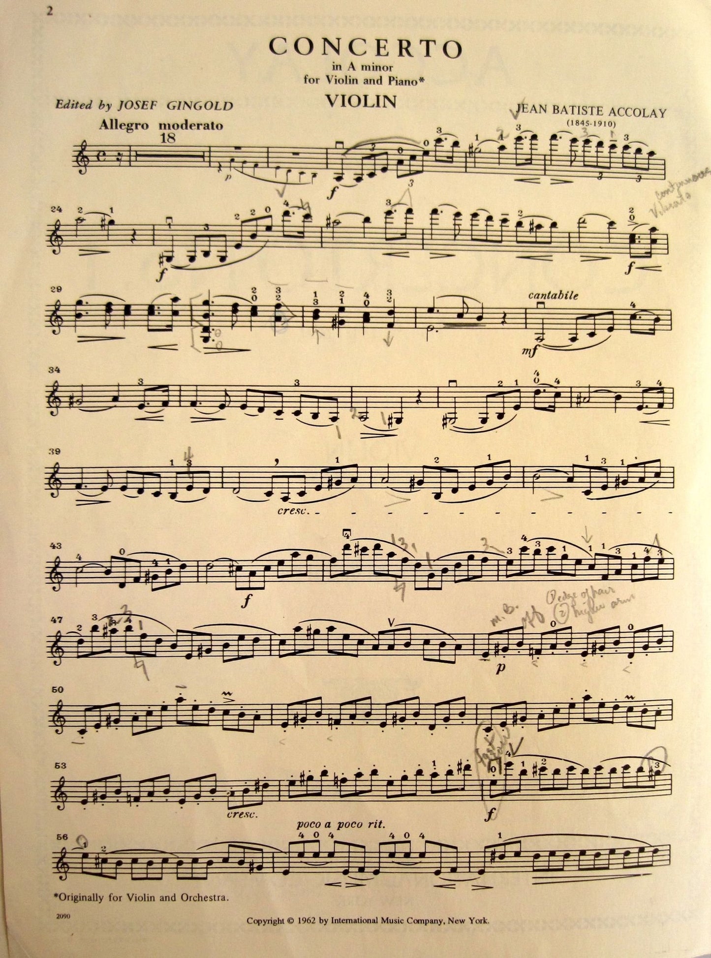 ACCOLAY CONCERTO NO.1 IN A MINOR for Violin & Piano