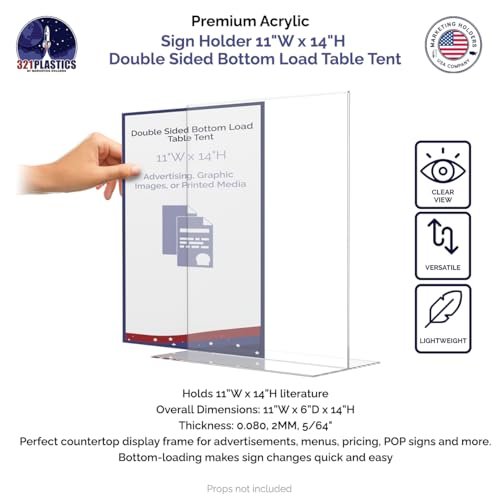 Marketing Holders Acrylic Sign Holder 11" x 14" Literature Flyer Poster Frame Letter Notice Menu Pricing Deli Table Tent Countertop Expo Event Sign Holder Display Stand Double Sided Bottom Loading