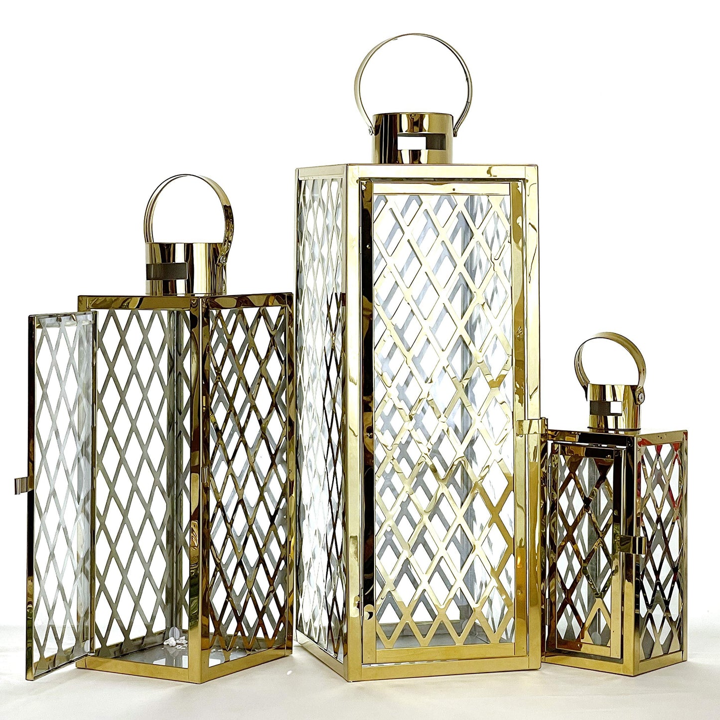 Allgala Lantern Set 3-PC Jumbo Deluxe Modern Indoor/Outdoor Candle Lantern Set with Chrome Plated Structure and Tempered Glass for Garden Poolside Fireplace Wedding