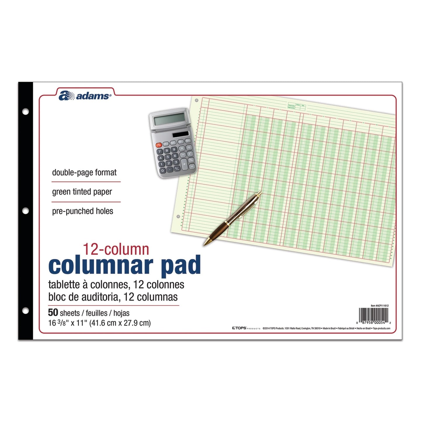 Adams® Analysis Pad, 11" x 16 3/8", 100 Pages (50 Sheets), 12 Columns, Green