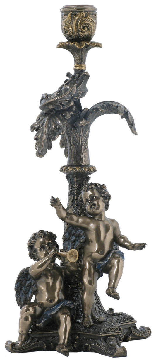 US 11.75 Inch Burnished Bronze Hued Candleholder with Two Cherubs