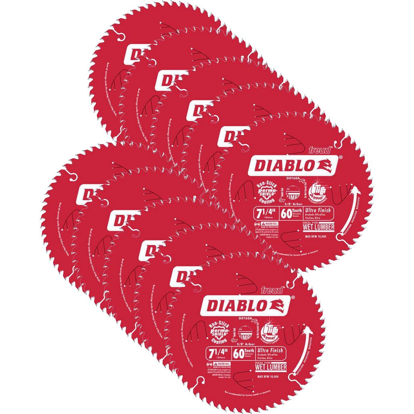 Diablo by Freud D0760A-10 7-1/4" by 60T Ultra Fine Finishing Circular Saw Blade with 5/8" Arbor, Diamond Knockout Single Blade (10 per pack)