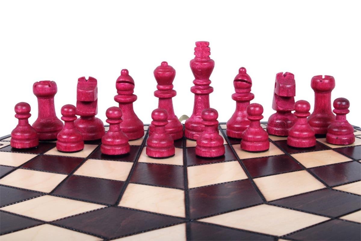 Medium 3 Player Chess Set - 40cm Hexagonal Board with Edge Numbers, Brown, White and red Pieces