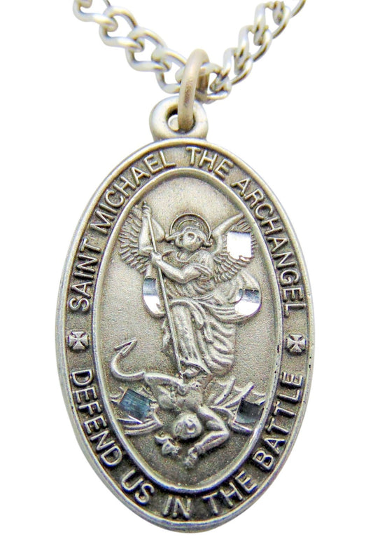 Saint Michael Pewter Medal Oval Pendant 1 Inch on 24 Inch Stainless Steel Chain Gift