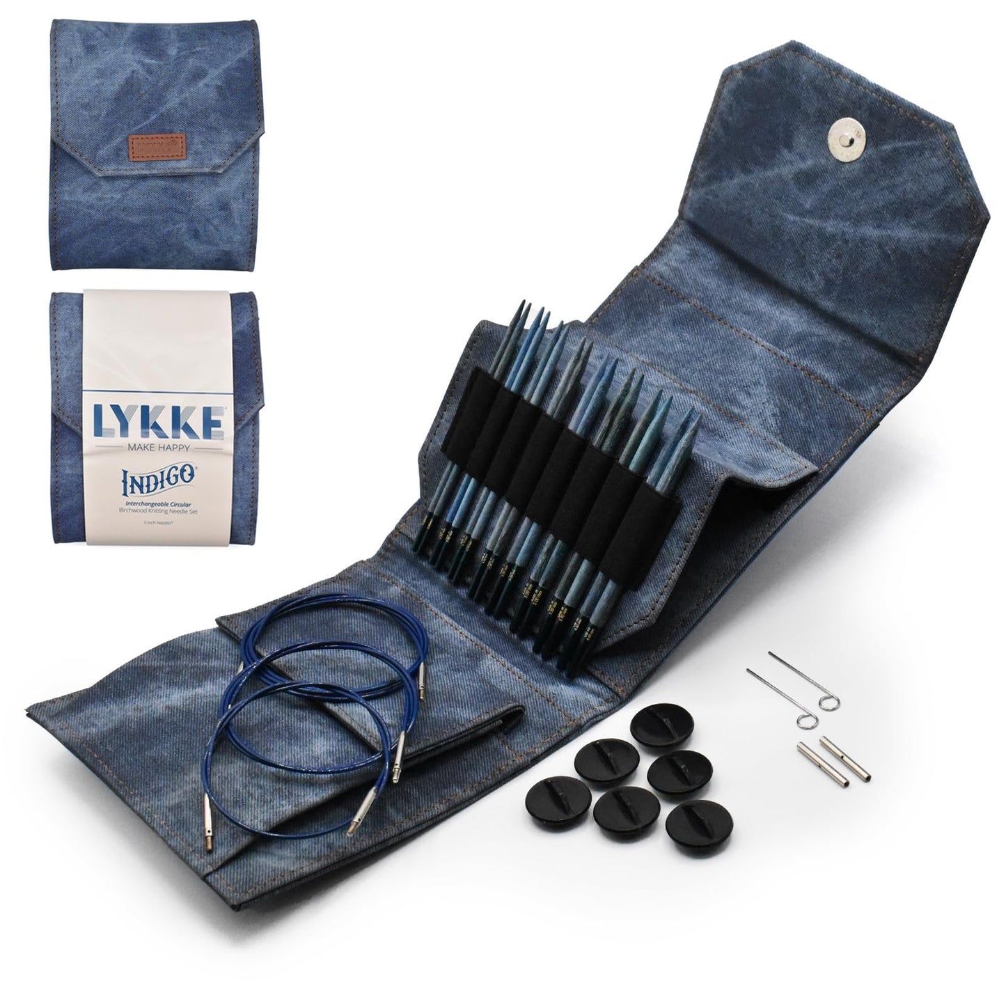 Lykke - 5" Indigo Interchangeable Needles Starter Set, Azure Fabric Pouch