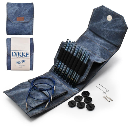 Lykke - 5" Indigo Interchangeable Needles Starter Set, Azure Fabric Pouch