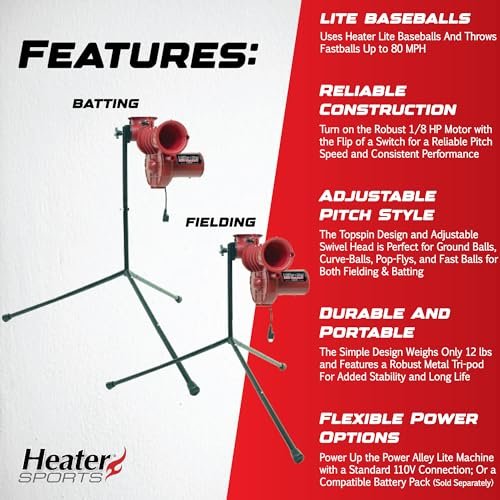 Heater Sports Power Alley Lite 360 Baseball Pitching Machine - Pitches Lite Balls 40-80 MPH Fastballs, Sliders, & Curves | Accurate, Durable, & Portable Training Tool for Batting & Field Practice