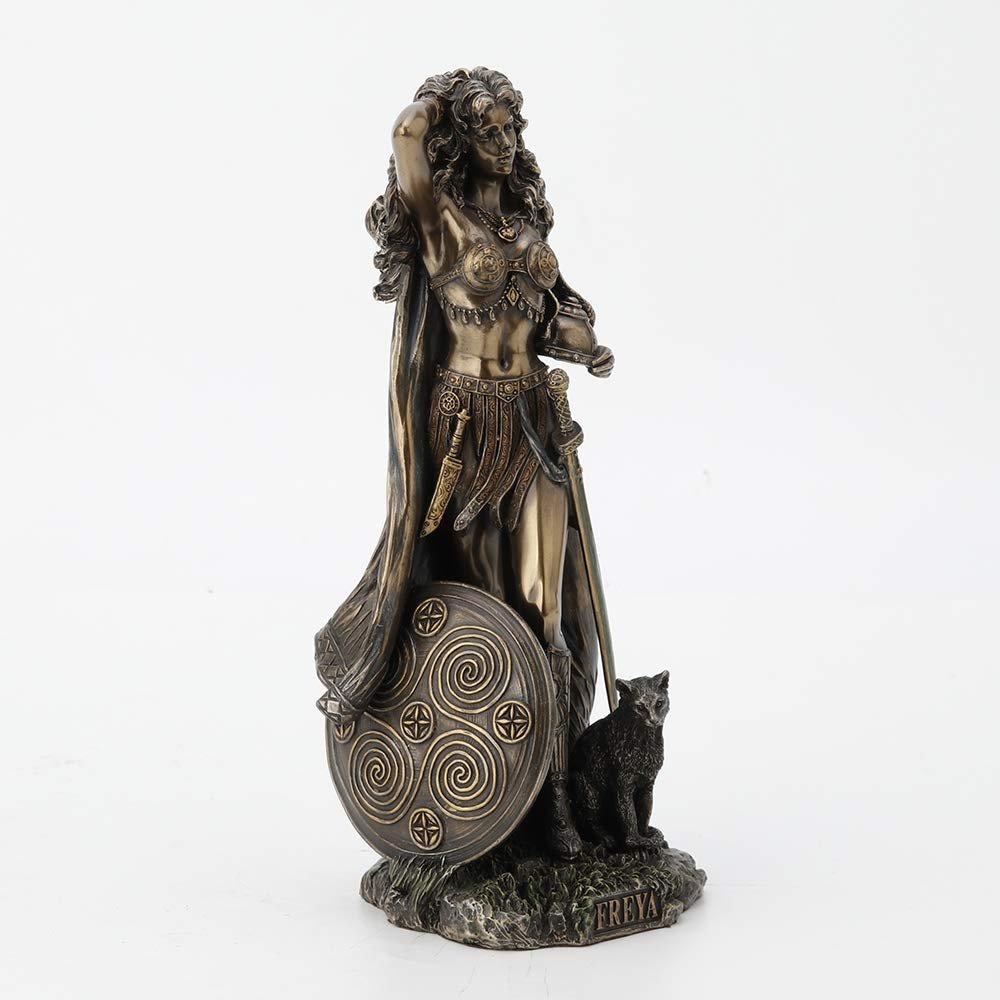 Veronese Design Freya, Norse Goddess of Love, Beauty and Power, with Helmet and Shield - Antique Bronze Finished Resin Statue - Excellent Detail, Hand Painted Accents - 10 Inches Tall