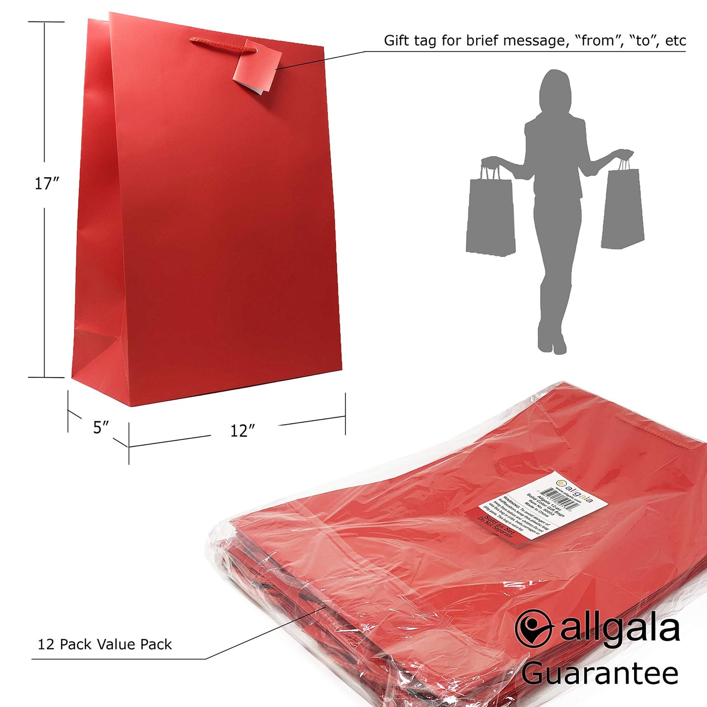 allgala 12PK Value Premium Solid Color Paper Gift Bags