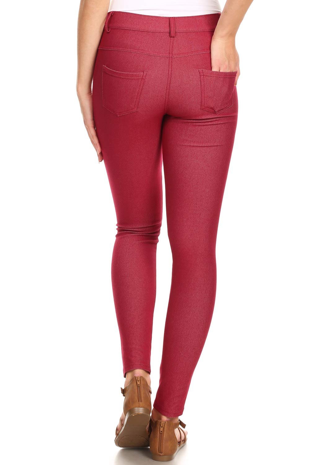YELETE Women's Full Length Cotton-Blend 5-Pocket Skinny Jeggings Color BURGUNDY Size M