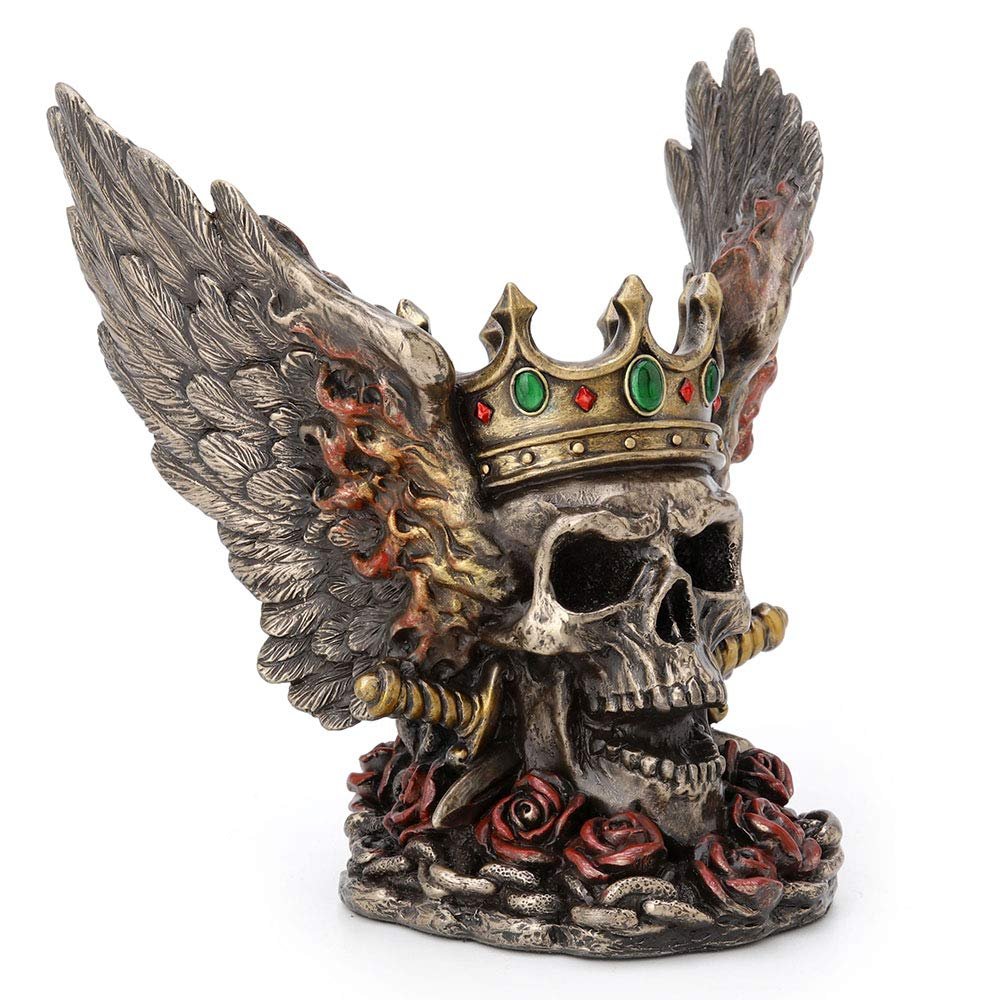 Veronese Design 5.9 Inch Flame Wings Crossed Swords Crown Screaming Skull Monarch Antique Bronze Finish Statue