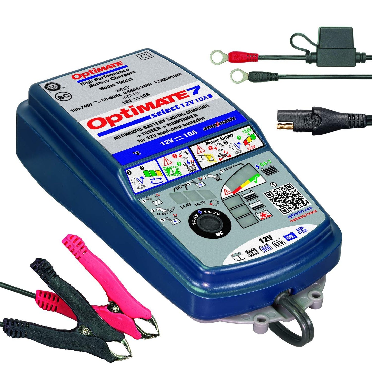 OptiMATE 7 SELECT, TM-251, 9-step 12V 10A sealed battery saving charger & maintainer