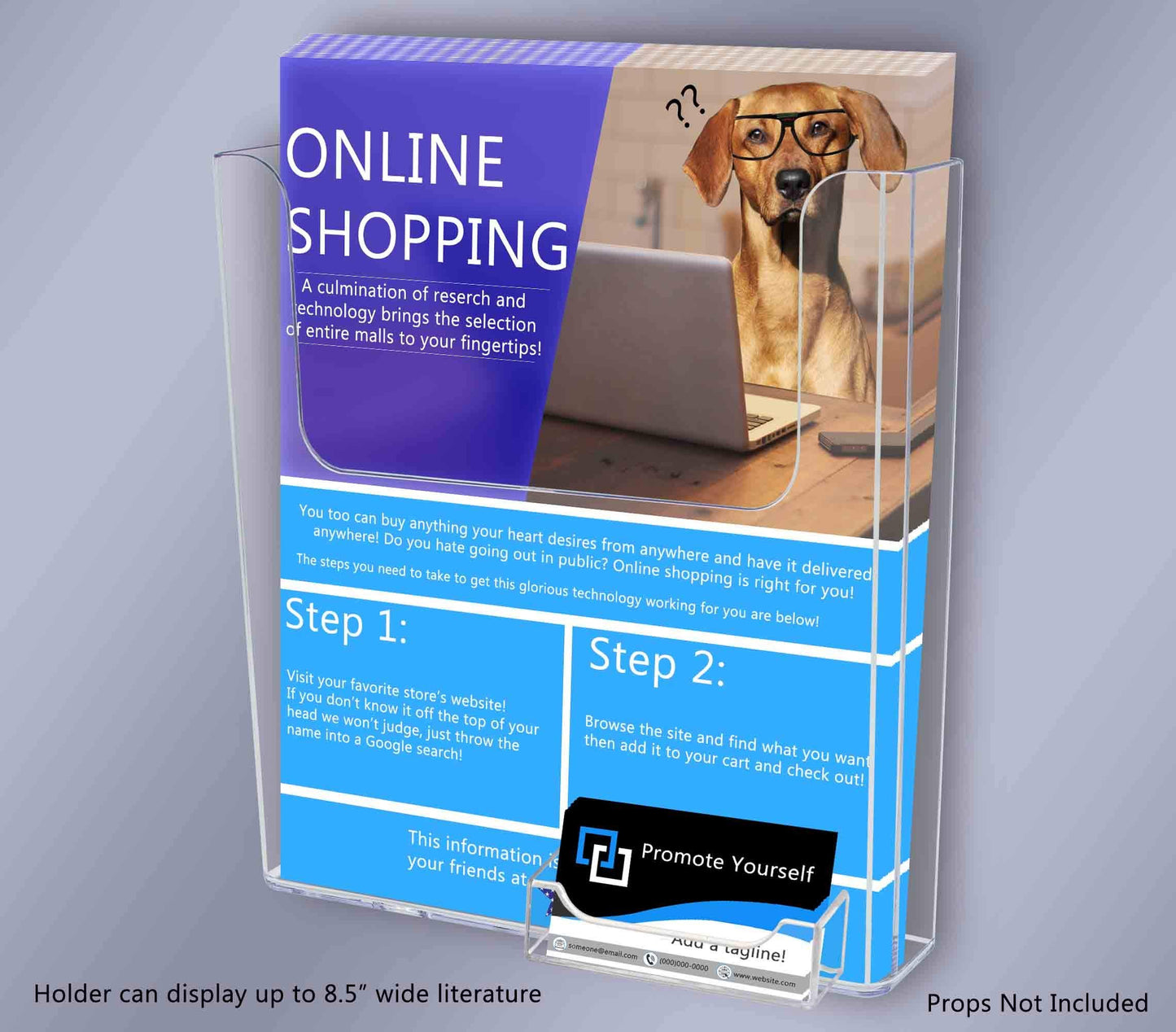 Marketing Holders 2 Pack Window Mount 8.5" Wide Brochure Magazine Holder with Attached 3.5 x 2 Inch Business Card Pocket Glass Surface Mount Suction Cup Pamphlet Catalog Booklet Display