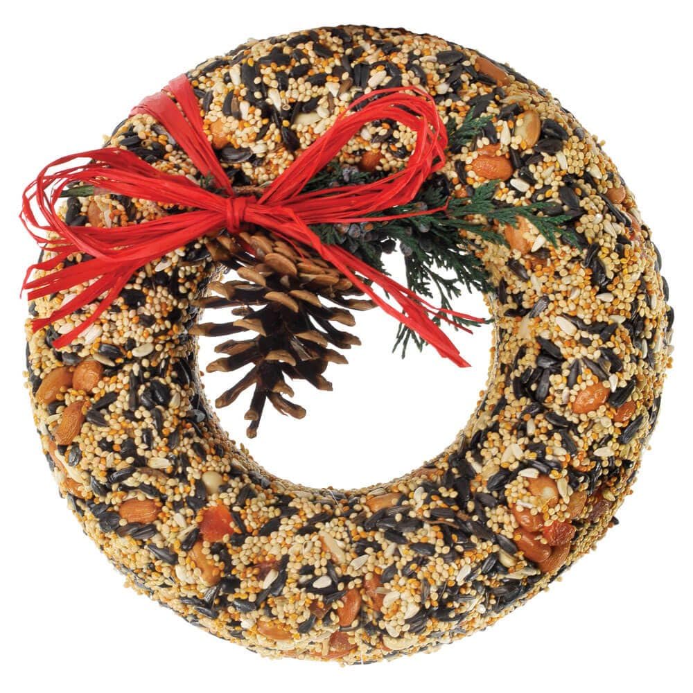 Mr. Bird Wildfeast Bird Seed Christmas Wreath: 9" Solid Seed, Nut and Fruit with Raffia Bow