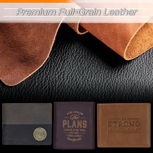 Christian Art Gifts Genuine Premium Full Grain Leather RFID Blocking Silver Engraved Cross Wallet for Men: Multi Pocket Billfold w/Removable ID Window Accessory for Credit Cards, Bills, Photos, Black