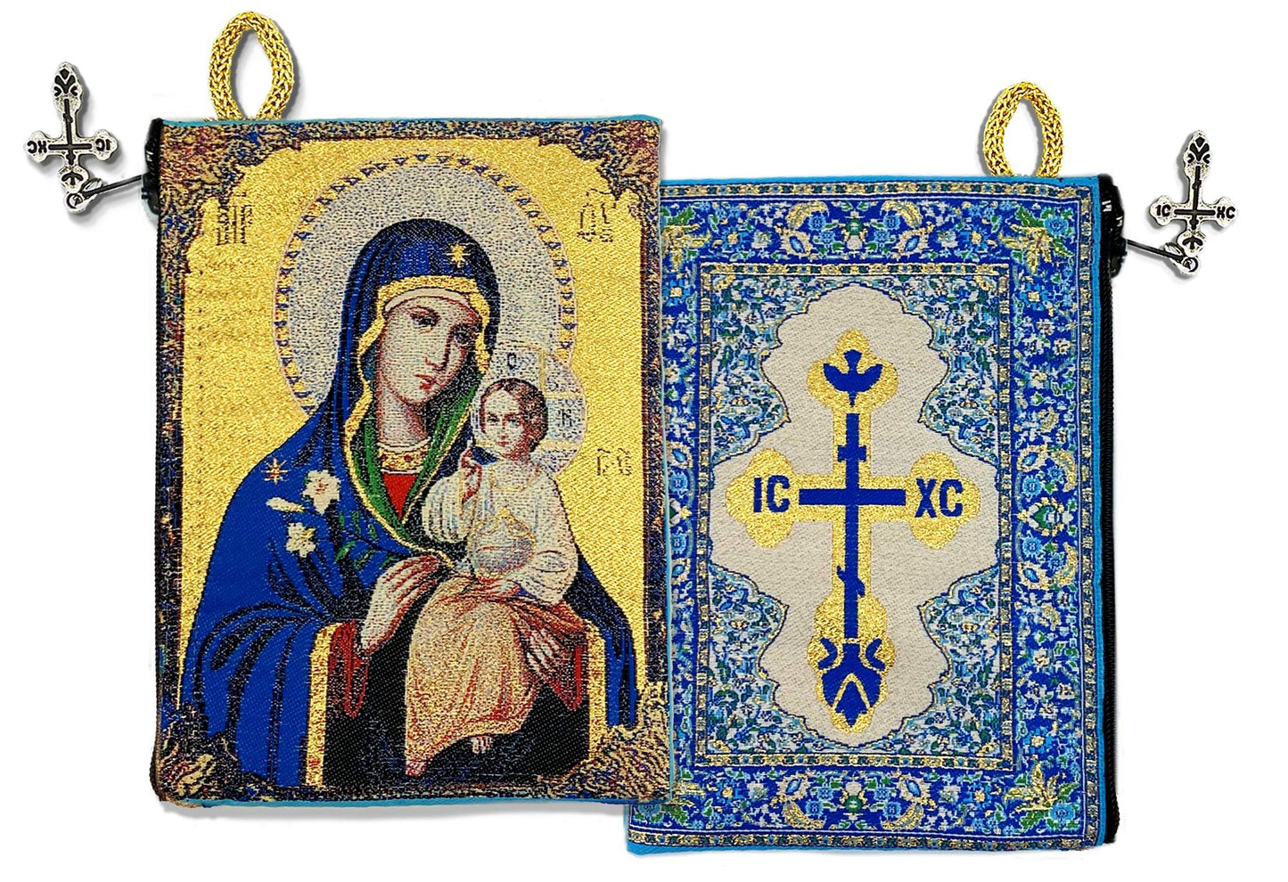 Religious Gift Rosary Pouch Case Virgin Mary Madonna and Child Eternal Bloom Icon Cloth Tapestry Zipper Keepsake Holder 5 3/8 Inch