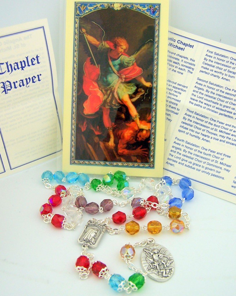 WJH Catholic Rosary Multi Color Glass Saint Michael Rosary Chaplet Holy Card Set