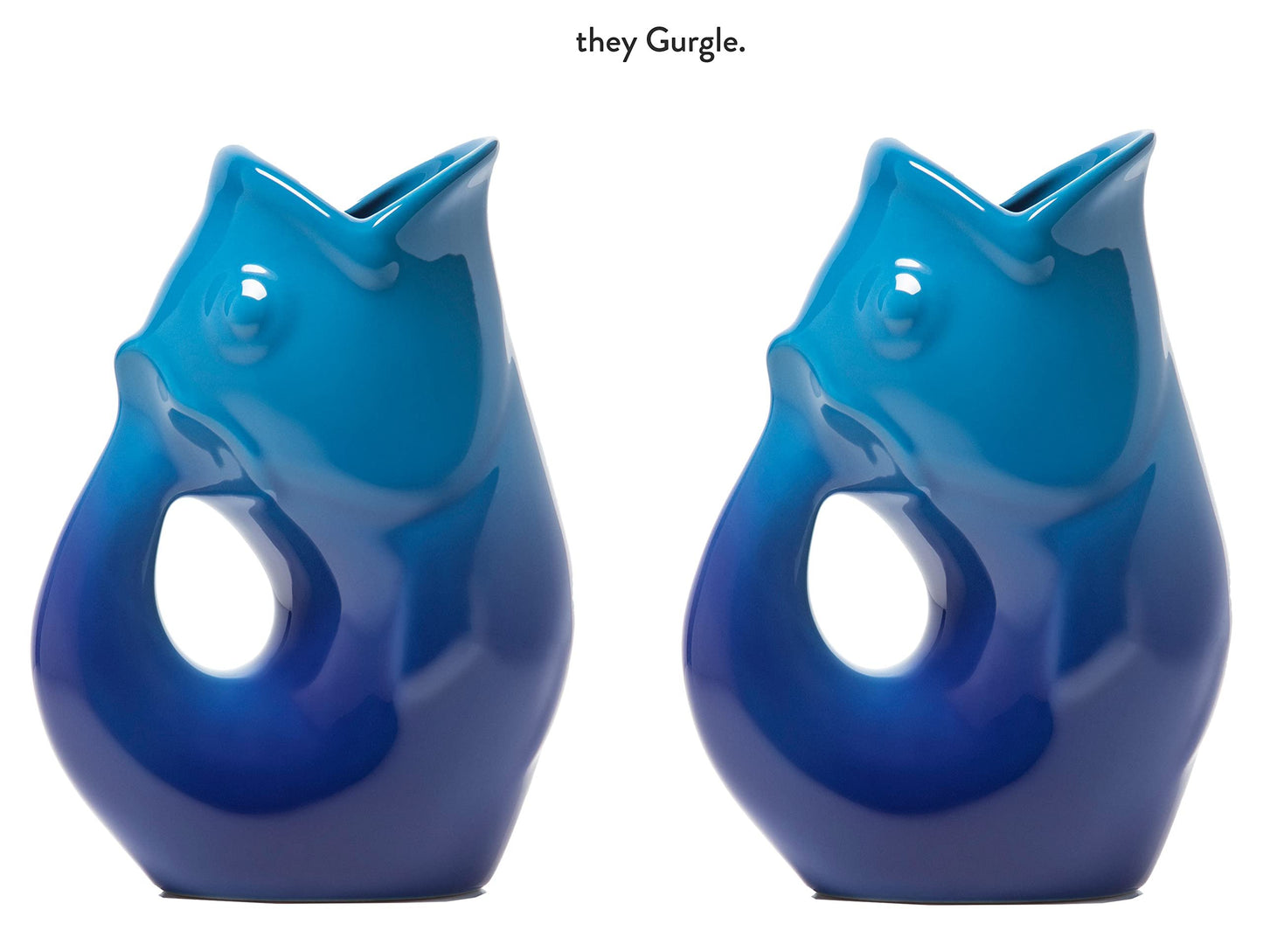 Gurgle Pot Fish Pitchers - 2 Pack, Ombre Cobalt or Gradient Blue. Great Party Pitcher. Alternatively use as Flower Vase