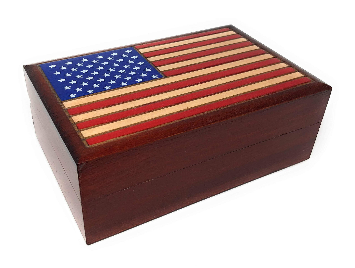 American Flag Stars and Stripes Hand Crafted Real Wood Keepsake Box - Made in Poland