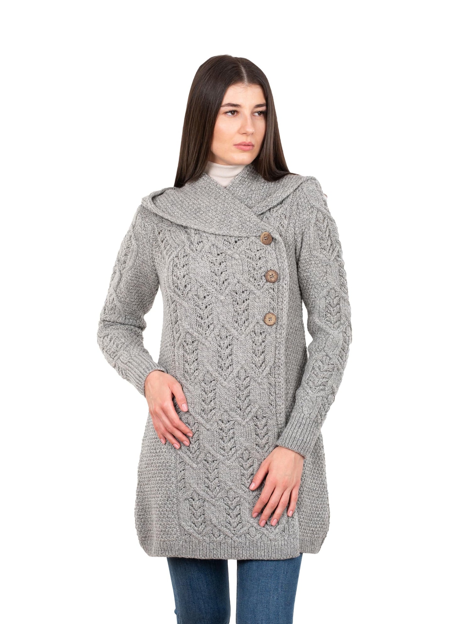 SAOL 100% Merino Wool Women Cardigan Butonned with Hood Aran Leaf Coat Made in Ireland