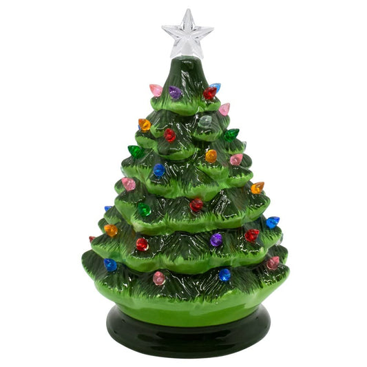 Festive Christmas Tree with Colorful Lights | Vintage-Inspired Ceramic Green Pine with Lights and Star | Cheerful Holiday Decoration | Twinkle or Steady Nightlight