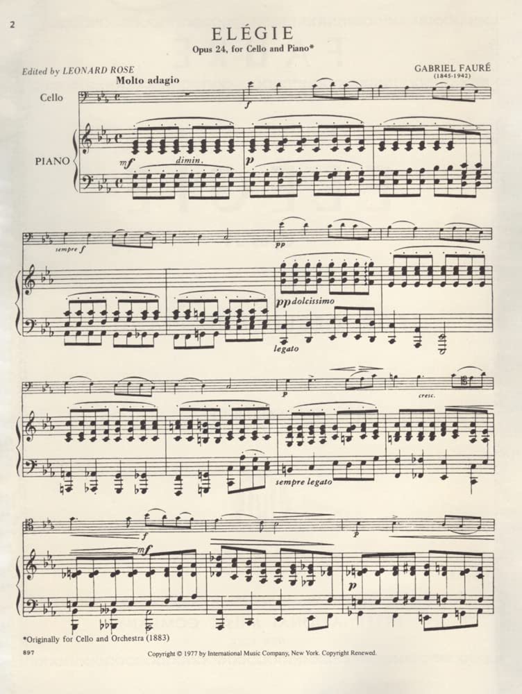 Faure, Gabriel - Elegy, Op. 24 - Cello and Piano - edited by Leonard Rose - International Edition