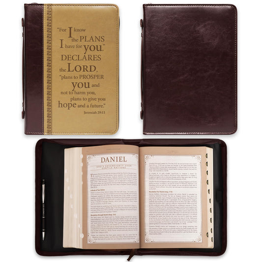 Christian Art Gifts Men's Classic Bible Cover I Know The Plans Jeremiah 29:11, Brown/Tan Faux Leather
