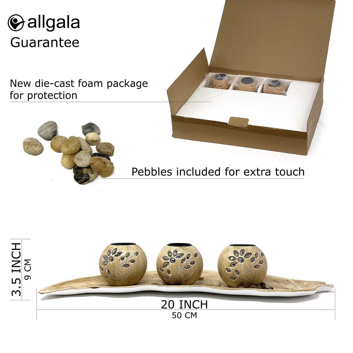 allgala Wooden Candle Holder Tray 3 Ball Orbs Set Tealight Candle Holder Centerpiece with Pebbles on Leaf Tray for Coffee Table Dining Table Accents Bowl for Living Room Décor