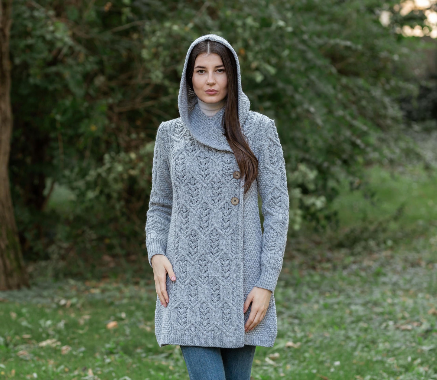 SAOL 100% Merino Wool Women Cardigan Butonned with Hood Aran Leaf Coat Made in Ireland