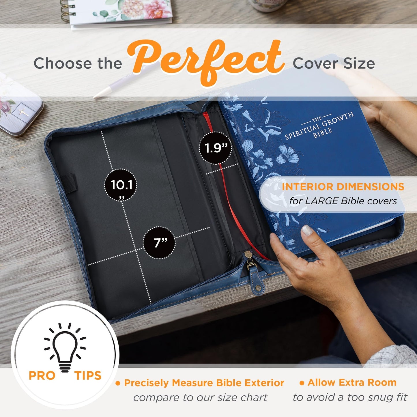 Christian Art Gifts Classic Vegan Leather Bible Cover Carry Case for Men & Women: Strong & Courageous Debossed Inspirational Scripture, Pen Loops, Ribbon Bookmarks, Pockets, Navy Blue & Brown