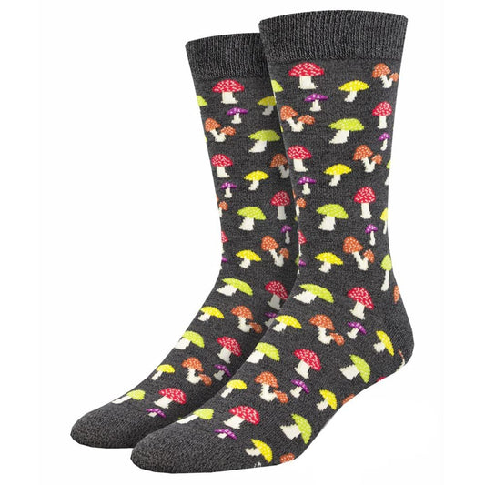 Socksmith Men's Crew Socks Colorful Caps Mushrooms, Charcoal Heather Grey, One Size Fits Most, 1 Pair