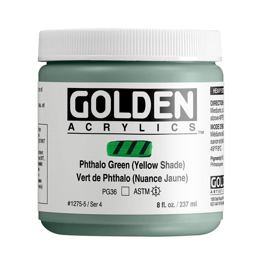 Heavy Body Acrylics by GOLDEN, Phthalo Green (Yellow Shade), 8 fl. oz. Jar, Professional Acrylic Paint, Transparent