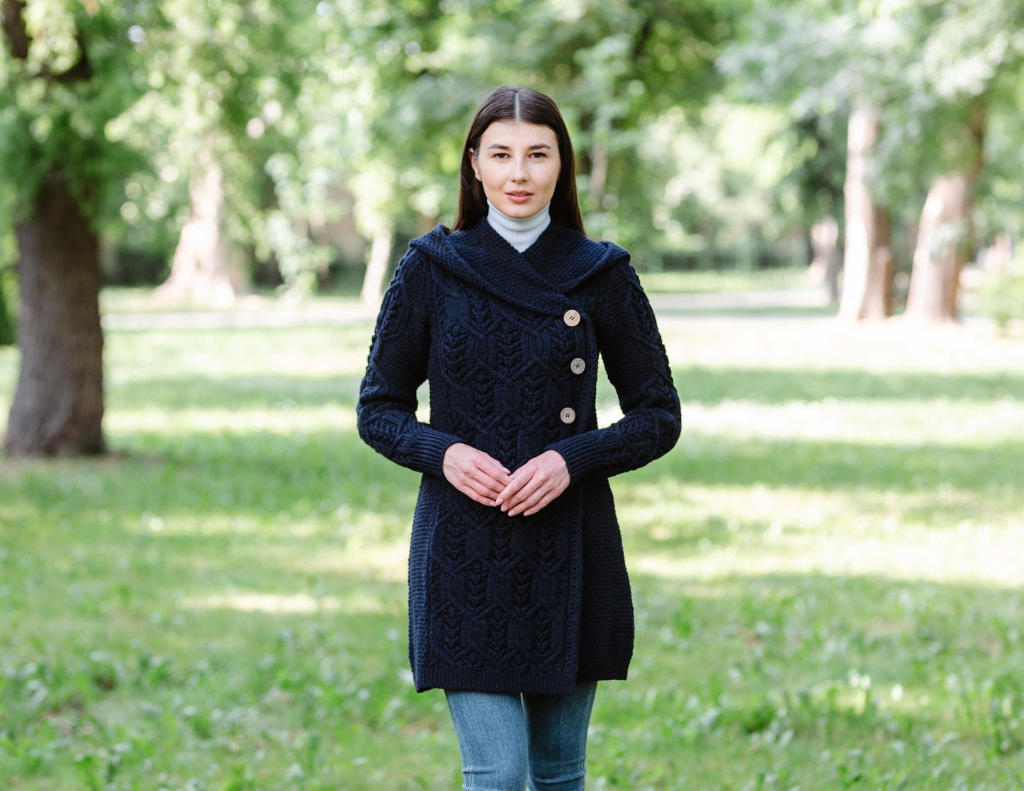 SAOL 100% Merino Wool Women Cardigan Butonned with Hood Aran Leaf Coat Made in Ireland