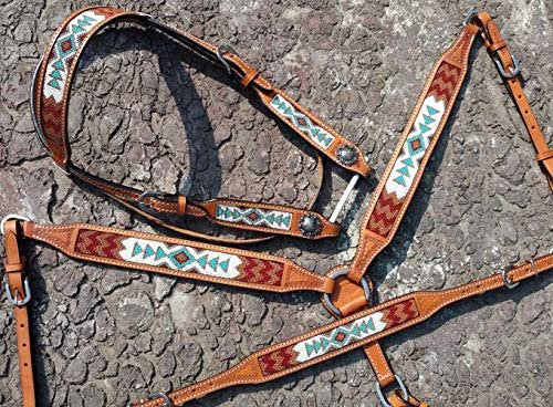 Showman Argentina Cow Leather Headstall & Breast Collar Set w/Navajo Beaded Inlays