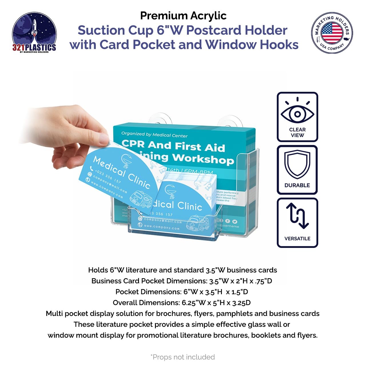 Postcard Holder with Suction Cup Hooks Window Mount Holds 6 Inch Wide Advertisements and 3.5" x 2" Business Cards Clear Acrylic Organizer for Tradeshows Expos and Conventions by Marketing Holders
