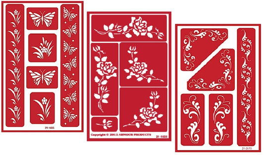 3 Armour Etch Over N Over Reusable Glass Etching Stencils Set | Butterfly, Fleur De Lis, Rose