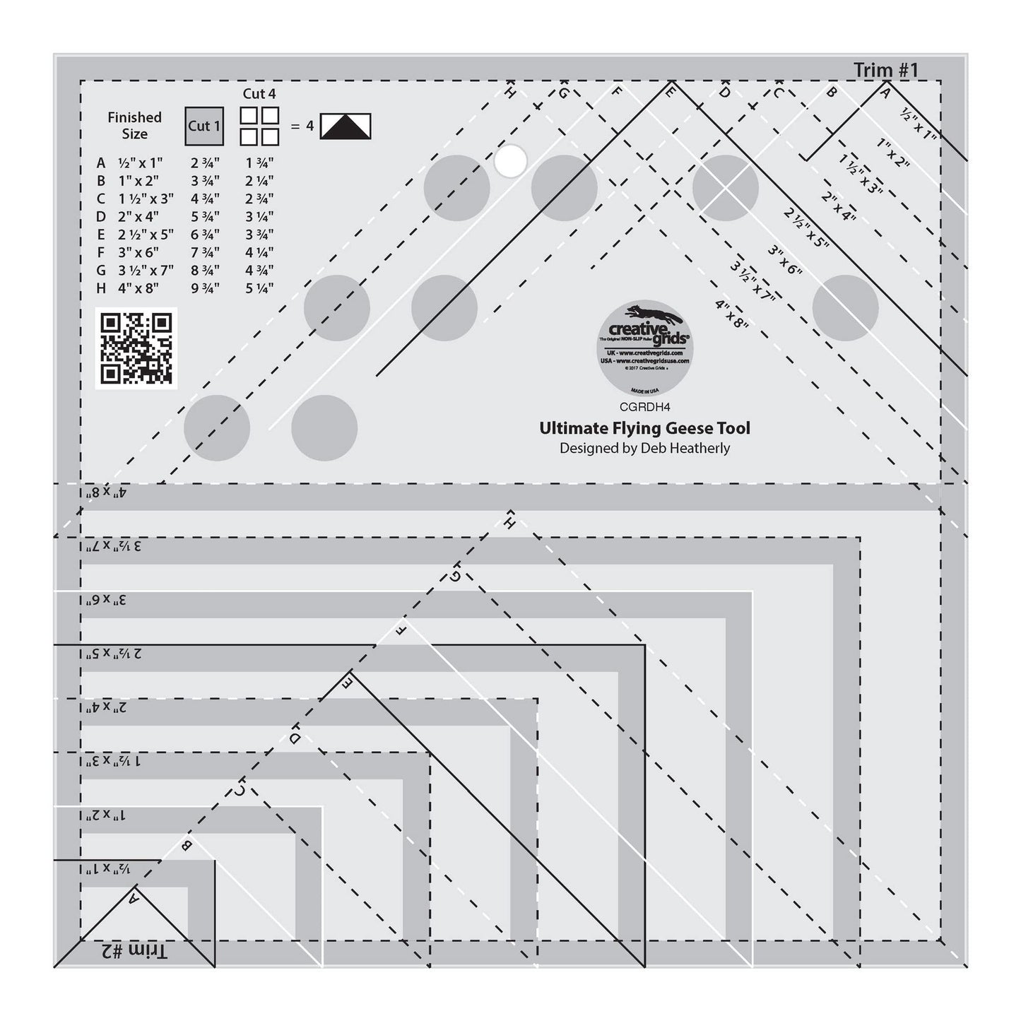 Creative Grids Ultimate Flying Geese Tool Quilt Ruler – CGRDH4 – Made in USA, 8-1/2in x 8-1/2in, Non-Slip Grip Acrylic Quilting, Sewing, Crafting, Patchwork Ruler & Template