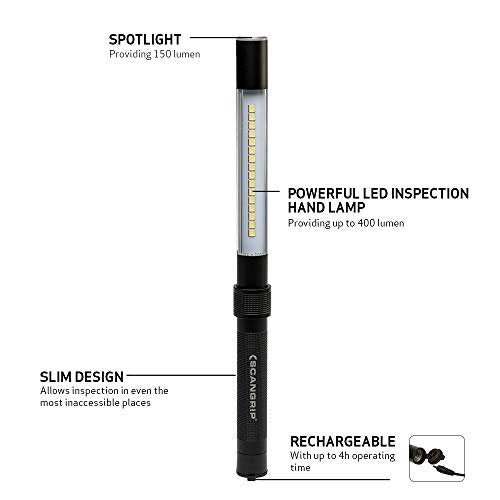 Scangrip LINE Light R, Rechargeable Inspection LED Work Light with Top Spotlight, 600 Lumen, Handheld, Slim Design, Dust and Waterproof (IP65), Sturdy
