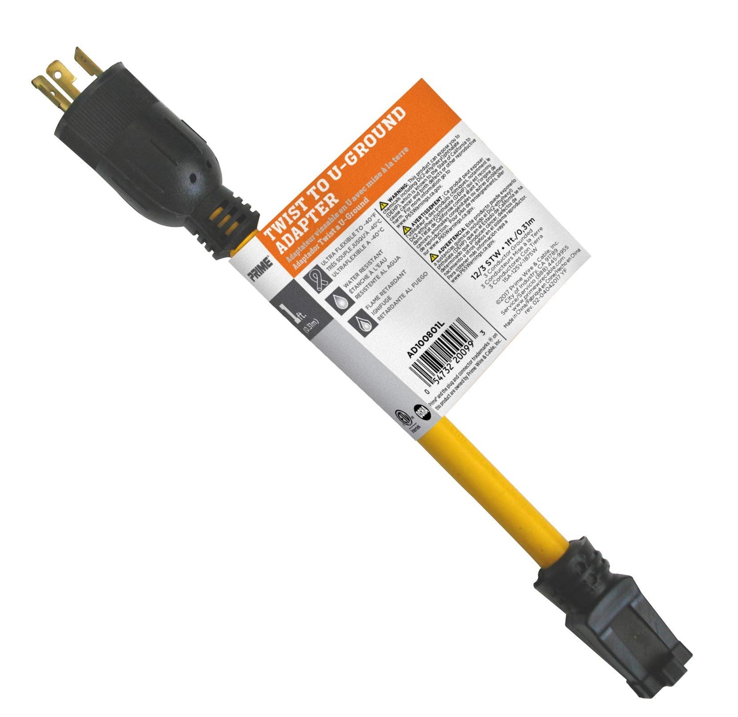 Prime AD100801L 1-Feet 12/3 STOW Twist to U-Ground Adapter, Yellow