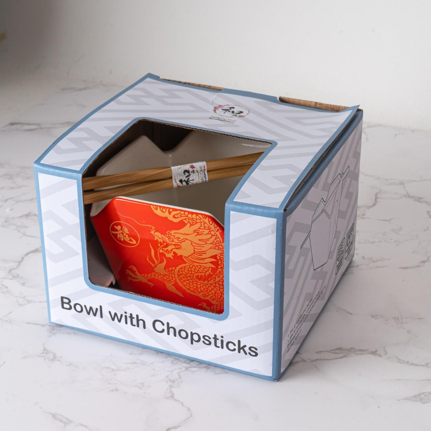Urban Tokyo Chinese Takeout Box Style Porcelain Bowl With Chopsticks 18 fl oz Square Box Shape Rice Noodles Pasta To Go Box Shaped Bowl Microwave Dishwasher Safe (Classic Pagoda)