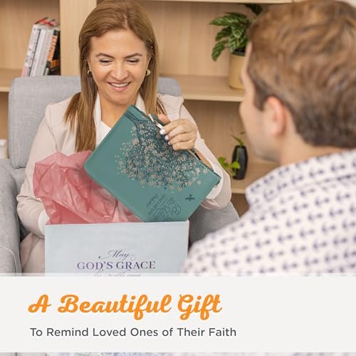 Christian Art Gifts Fashion Vegan Leather Bible Cover for Women: Be Still & Know Inspirational Bible Verse, Teal Floral, Large