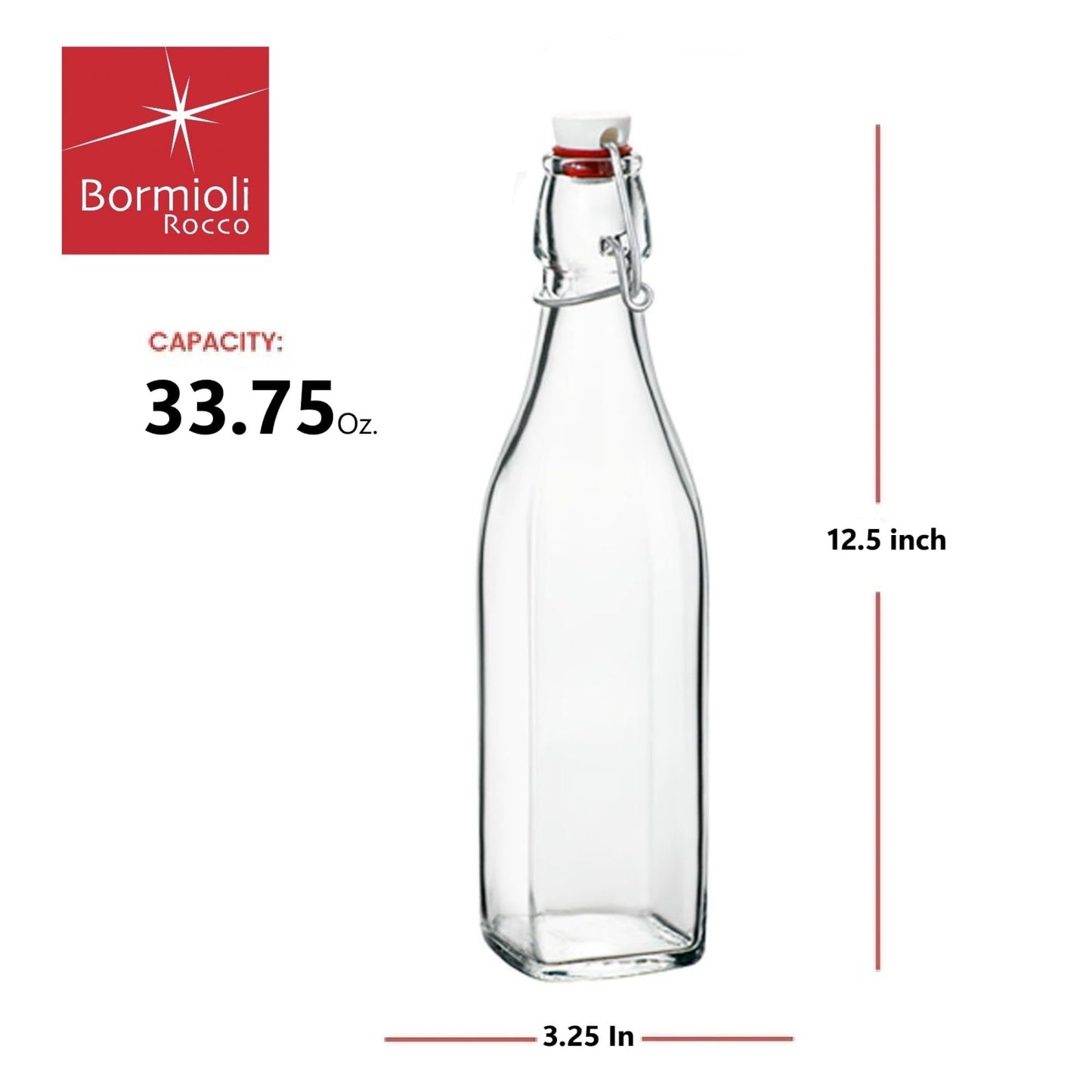 Bormioli Rocco Swing Top Glass Bottle (Set of 4) - Reusable Container with Secure Metal Clasp, Ideal for Homemade Juices, Oil Infusions, Condiments, Mixers - Everyday Drinking Glasses