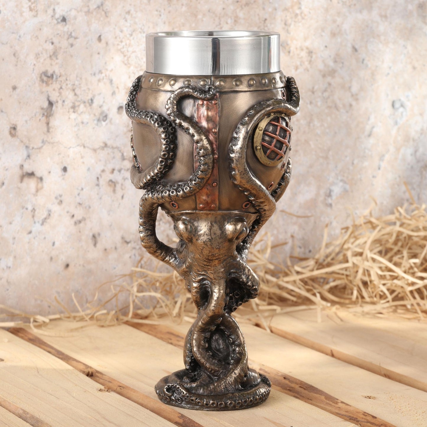 Veronese Design 7 1/2 Inch Steampunk Octopus Diving Bell Goblet Cold Cast Resin Bronze Finish Stainless Steel Cup (7 fl oz)