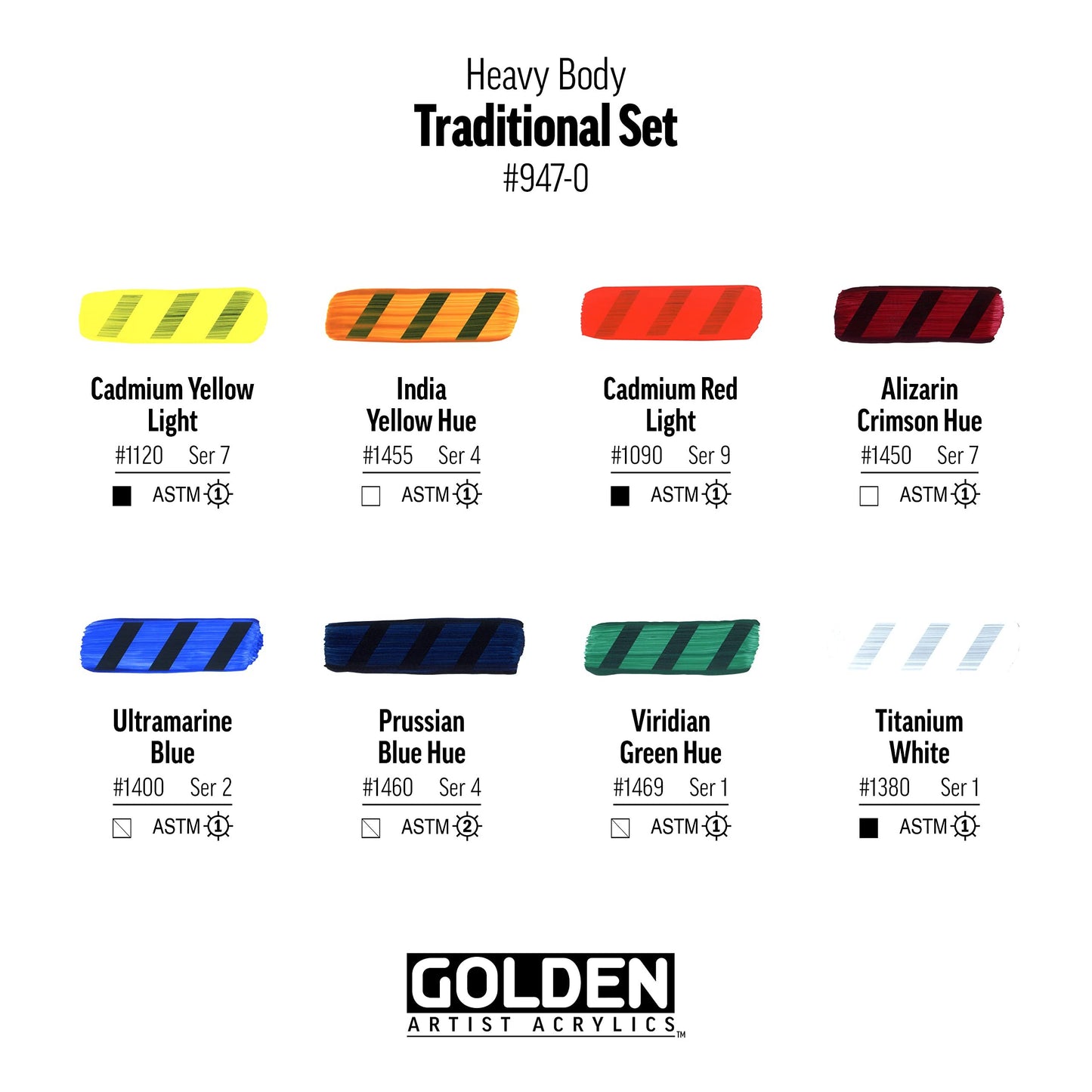 Heavy Body Acrylics by GOLDEN, Traditional Set, 8 Color, Professional Acrylic Paint