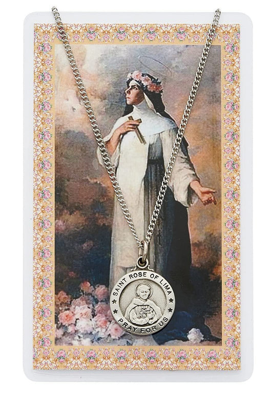 St Rose LM Prayer Card With Medal Saint Catholic Christian Pendant Charm Patron