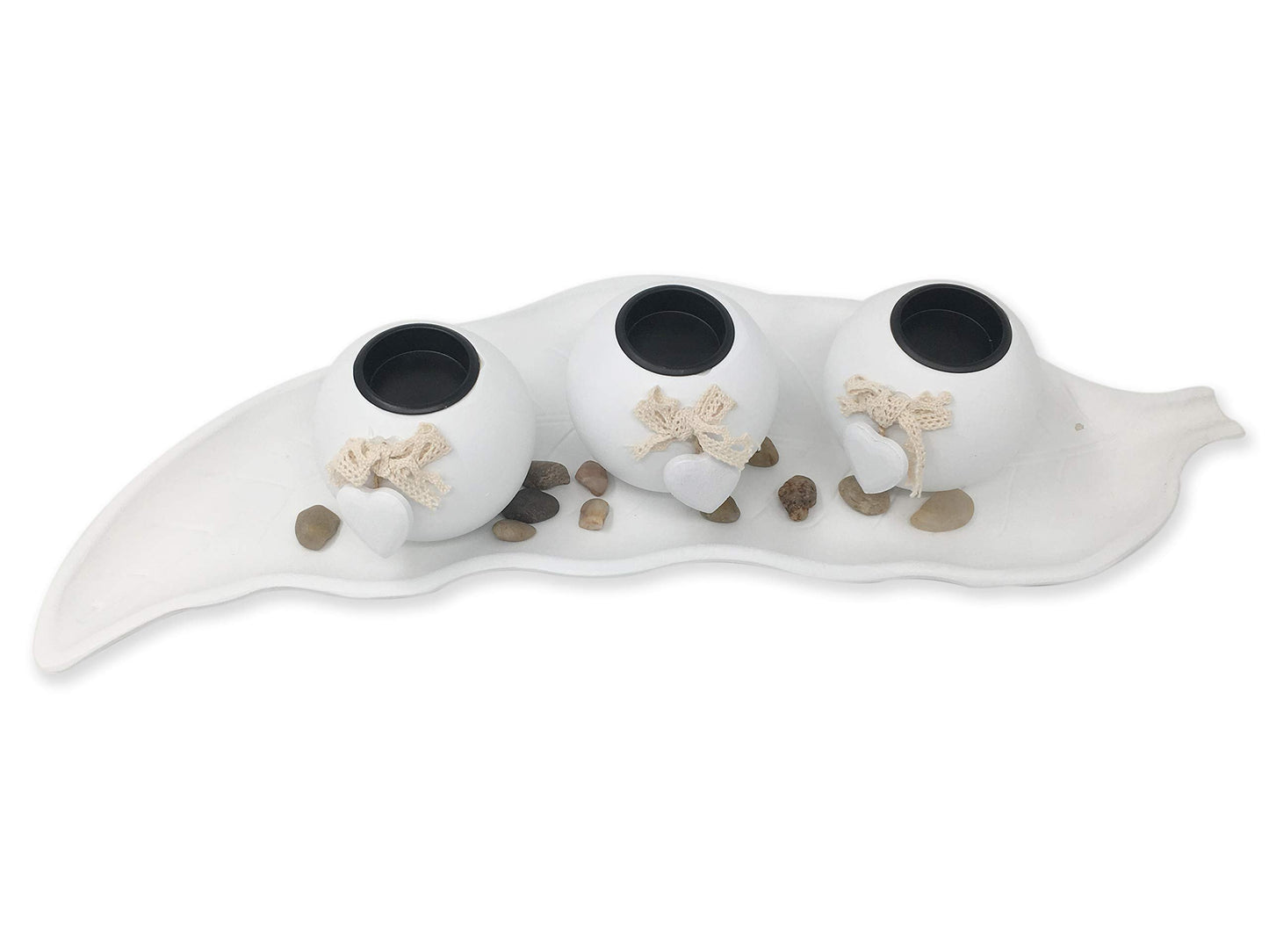 allgala Wooden Candle Holder Tray 3 Ball Orbs Set Tealight Candle Holder Centerpiece with Pebbles on Leaf Tray for Coffee Table Dining Table Accents Bowl for Living Room Décor