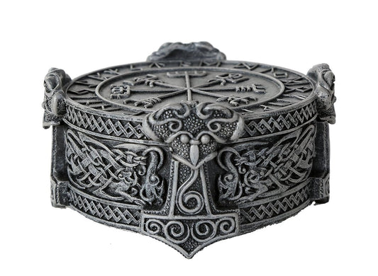 Pacific Giftware Norse Viking Vegviser Runic Compass Knotwork Thor Hammer Trinket Box Sculptural Decor 5 inch Diameter